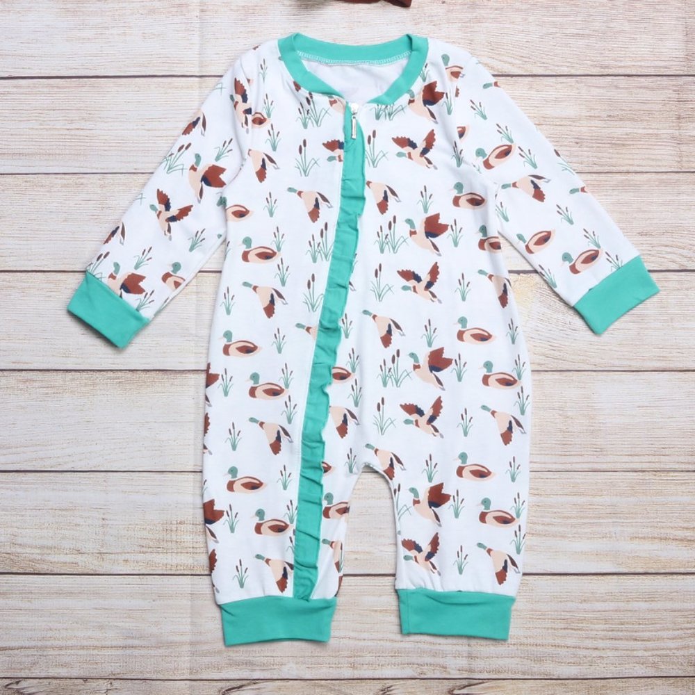 Boutique Baby Ducks Mallards Long Sleeve Ruffle Romper Jumpsuit Sleeper